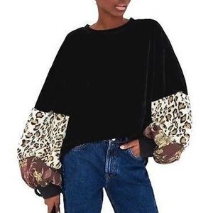 ZARA Trafaluc Black Velvet Contrast Patchwork Balloon Statement Sleeve Blouse